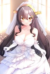  black_hair blush breasts cleavage closed_mouth collarbone dress elbow_gloves female fuuna gloves hair_between_eyes hairband haruna_(kancolle) haruna_kai_ni_(kancolle) headgear highres kantai_collection large_breasts long_hair looking_at_viewer smile solo upper_body very_long_hair wedding_dress white_gloves yellow_eyes 