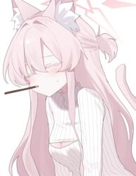  absurdres akira_(blue_archive) animal_ear_fluff animal_ears blue_archive blush cat_ears cat_tail cleavage_cutout closed_eyes clothing_cutout colored_eyelashes danbal female food food_in_mouth hair_between_eyes halo highres long_hair pink_hair pink_halo pocky pocky_day pocky_in_mouth ribbed_sweater simple_background solo sweater tail upper_body white_background white_sweater 