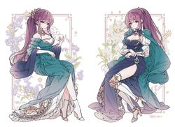  2girls aqua_cape aqua_dress armor bare_shoulders blue_dress blue_flower bracer breasts cape choppy_bangs cleavage dress embroidery fashion floral_background flower forget-me-not_(flower) full_body gradient_dress greaves hair_ornament high_heels juliet_sleeves large_breasts lemon89h lily_(flower) long_sleeves multiple_girls original pink_lips poleyn ponytail puffy_sleeves purple_hair red_eyes sidelocks thighhighs white_flower white_footwear white_lily white_thighhighs 