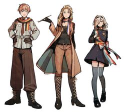  1boy 2girls aiguillette arm_behind_back axis_powers_hetalia belgium_(hetalia) belt black_footwear black_shirt blonde_hair blue_coat blue_dress blue_eyes bob_cut boots breasts brown_coat brown_hair brown_pants cleavage closed_mouth coat cross-laced_footwear dress frown full_body genderswap_(ftm) genderswap_(mtf) green_eyes grey_hair grey_jacket grey_thighhighs hair_over_one_eye hairband hand_on_own_hip hand_up hands_on_own_hips high_heel_boots high_heels highres holding holding_smoking_pipe jacket kiseru knee_boots lace-up_boots long_hair looking_at_viewer luxembourg_(hetalia) mi_kan1609 multiple_girls necktie netherlands_(hetalia) one_eye_covered pants pants_tucked_in red_hair red_necktie rule_63 sash scar scar_on_face scar_on_forehead scarf shirt shoes short_hair shoulder_sash sideways_glance smile smoking_pipe striped_clothes striped_scarf thighhighs zettai_ryouiki 