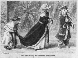  1871 19th_century ancient_art anthro barefoot biped canid canine canis clothed clothing digitigrade domestic_dog feet female fully_clothed german_text greyscale group hair handpaw haplorhine hat headgear headwear heinrich_leutemann hi_res holding_object lamp lantern male mammal monkey monochrome paws plant primate public_domain side_view signature text tongue tongue_out traditional_media_(artwork) translated trio walking 