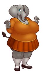  2023 3:5 anthro big_breasts blazbaros bottomwear breasts clothing elephant elephantid eyebrows eyelashes female footwear grey_body hi_res huge_breasts looking_at_viewer mammal overweight overweight_female proboscidean shoes skirt socks solo tail tail_tuft thick_thighs trunk tuft tusks wide_hips 