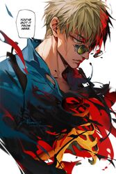  1boy absurdres blonde_hair blood blood_on_face cheekbones collared_shirt commentary death english_commentary english_text goggles highres jujutsu_kaisen long_sleeves male_focus mature_male nanami_kento ribs shirt short_hair sideburns simple_background solo speech_bubble torn_clothes torn_shirt white_background zerom000 