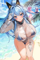  3girls absurdres aegis_(nikke) anchor_(nikke) beach bikini blue_bikini blue_eyes blue_hair blue_sky blush breasts day gloves goddess_of_victory:_nikke helm_(aqua_marine)_(nikke) helm_(nikke) hido_(cherryhido) high_ponytail highres huge_breasts leaning_forward long_hair looking_at_viewer mast_(a_pirate&#039;s_heart)_(nikke) mast_(nikke) md5_mismatch micro_bikini multiple_girls outdoors pink_bikini ponytail see-through see-through_shirt shirt sky solo_focus swimsuit thighs twintails very_long_hair water wet wet_clothes white_gloves 