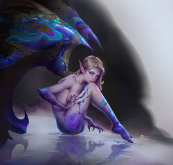  ass blonde_hair breasts claws colorful completely_nude elbow_spikes eyeshadow female fingernails from_side highres jeremy_chong long_hair looking_back makeup nude on_liquid original pointy_ears purple_eyes reflection ripples sharp_fingernails sideboob simple_background wings 