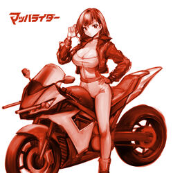  belt bodysuit breasts choker cleavage closed_mouth collarbone copyright_name cropped_jacket female hair_between_eyes hand_on_own_hip highres jacket large_breasts long_sleeves mach_rider mach_rider_(character) minamoto80486 monochrome motor_vehicle motorcycle open_clothes open_jacket red_theme short_hair simple_background solo white_background 