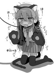  animal_ear_hairband animal_ears animal_hands blush cat_day cat_ear_hairband cat_ears cat_tail collared_shirt commentary_request death_merumeru embarrassed fake_animal_ears fake_tail fangs female full_body furrowed_brow gloves greyscale hair_down hair_horns hairband hands_up hashtag highres kneeling leaning_forward long_hair long_sleeves looking_at_viewer monochrome necktie no_shoes nose_blush open_mouth paw_gloves pleated_skirt shinigami_dot_com shirt shirt_tucked_in shoulder_spikes simple_background skirt solo spikes tail tearing_up thighhighs translation_request trembling wavy_mouth yasashii_naizou 