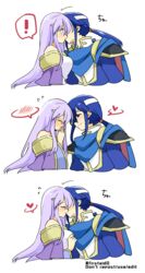  1boy bare_shoulders blue_cape blue_eyes blue_hair blush breasts brother_and_sister cape circlet dress female fire_emblem fire_emblem:_genealogy_of_the_holy_war headband highres incest julia_(fire_emblem) kissing long_hair ponytail purple_cape purple_eyes purple_hair seliph_(fire_emblem) siblings simple_background spoken_expression white_headband yukia_(firstaid0) 