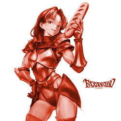  arm_guards armor baguette belt bread breastplate copyright_name cowboy_shot dragon_slayer_(series) faxanadu female food gloves highleg highleg_panties highres holding holding_food legs_apart minamoto80486 monochrome panties red_theme ringed_eyes short_hair shoulder_armor simple_background smile solo standing thighhighs underwear white_background 