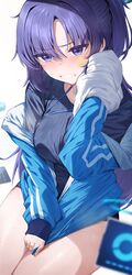  blue_archive blue_buruma blue_eyes blue_hair blue_jacket blue_shirt blurry blush breasts buruma commentary_request depth_of_field drone female gym_shirt half_updo highres jacket jacket_tug large_breasts long_hair long_sleeves looking_at_viewer neshia_(tsaqif0309) off_shoulder official_alternate_costume official_alternate_hairstyle open_mouth parted_bangs partially_unzipped ponytail shirt solo star_(symbol) sticker_on_face v-shaped_eyebrows wavy_mouth yuuka_(blue_archive) yuuka_(track)_(blue_archive) 