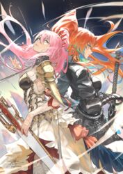  2girls armor armored_dress back-to-back blue_eyes blue_hair breasts crossover dress earrings fadingz feathers gradient_hair hair_between_eyes high_ponytail highres hololive hololive_english jewelry long_hair multicolored_hair multiple_girls orange_hair parted_lips pink_hair ponytail purple_eyes shionne_(tales) shoulder_armor sidelocks sword takanashi_kiara takanashi_kiara_(knight) tales_of_(series) tales_of_arise two-tone_hair very_long_hair virtual_youtuber weapon white_dress 