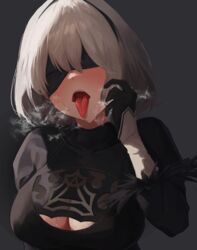  2b_(nier:automata) absurdres black_blindfold black_dress black_hairband blindfold blush breasts cleavage cleavage_cutout clothing_cutout commentary_request dio_nand dress female grey_background grey_hair hairband hand_up heavy_breathing highres juliet_sleeves large_breasts long_sleeves nier:automata nier_(series) open_mouth puffy_sleeves short_hair simple_background solo sweat tongue tongue_out upper_body 