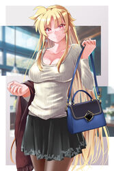  bag black_skirt blonde_hair blush breasts brown_pantyhose brown_scarf cleavage closed_mouth collarbone cowboy_shot fate_testarossa female hair_between_eyes handbag highres holding holding_bag holding_clothes holding_scarf large_breasts long_hair long_sleeves looking_at_viewer lyrical_nanoha mahou_shoujo_lyrical_nanoha_strikers miniskirt pantyhose pleated_skirt print_skirt red_eyes ribbed_sweater scarf skirt smile solo sougetsu_izuki standing straight_hair sweater very_long_hair white_sweater 