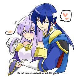  1boy bare_shoulders blue_cape blue_eyes blue_hair blush breasts brother_and_sister cape circlet dress female fire_emblem fire_emblem:_genealogy_of_the_holy_war headband holding_another&#039;s_hair holding_hands hug hug_from_behind implied_incest incest julia_(fire_emblem) long_hair ponytail purple_cape purple_eyes purple_hair seliph_(fire_emblem) siblings simple_background spoken_expression white_headband wide_sleeves yukia_(firstaid0) 