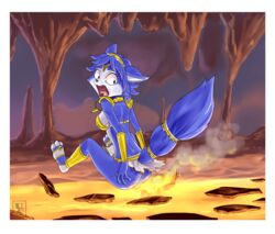  anthro ass blue_body blue_fur blue_hair burning burnt_clothing butt_on_fire canid canine cave circlet digital_media_(artwork) female fire fluffy fluffy_tail fox fur hair hand_on_butt hi_res holding_butt krystal_(star_fox) lava looking_back mammal nintendo open_mouth pain pequedark-velvet raised_tail screaming solo star_fox tail tongue white_body white_fur wide_eyed 