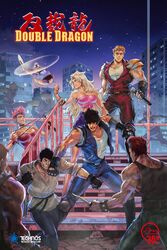  2girls 6+boys biceps billy_lee black_hair blonde_hair breasts city cleavage collaboration commentary copyright_name david_liu derivative_work donnie_durdunkleton double_dragon dougi english_commentary fighting highres holding holding_knife jimmy_lee knife linda_(double_dragon) marian_kelly mohawk multiple_boys multiple_girls muscular muscular_female muscular_male night ninja nunchaku pink_hair punching single_shoulder_pad stairs strapless torn_clothes torn_sleeves tube_top weapon whip 