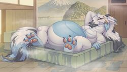  ambiguous_gender anthro bath bathhouse belly belly_scales big_belly closed_eyes dragon fur furred_dragon furred_scalie hi_res horn mythological_creature mythological_scalie mythology open_mouth open_smile overweight pawpads relaxed_expression relaxing scales scalie smile solo steaming tail the-b3ing thick_tail water watermark 