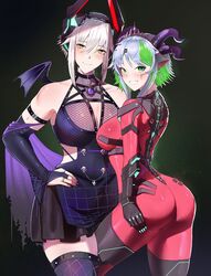  2girls apricot_the_lich apricot_the_lich_(1st_costume) apricot_the_lich_(cosplay) ass blush bodysuit breasts bridal_gauntlets cleavage cosplay costume_switch demon_girl demon_horns demon_wings dress green_eyes green_hair grey_hair highres horns jamesloves_art large_breasts looking_at_viewer medium_breasts medium_hair multicolored_hair multiple_girls pointy_ears purple_bridal_gauntlets purple_dress purple_thighhighs red_bodysuit short_hair sidelocks smile streaked_hair thighhighs virtual_youtuber vshojo wings yellow_eyes zentreya zentreya_(cosplay) zentreya_(cyborg) zentreya_(cyborg)_(1st_costume) 