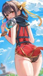  :o armor ass blue_sky blush bracelet breasts brown_eyes brown_hair chest_harness cloud day female folding_fan hair_between_eyes hair_ornament hair_ribbon hair_rings hand_fan harness heaven_burns_red highres holding holding_fan jewelry li_yingxia looking_back medium_breasts ribbon shoulder_armor sky sonchi standing yellow_ribbon 