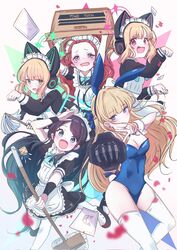  &lt;key&gt;_(robot)_(blue_archive) 5girls absurdly_long_hair animal_ear_headphones animal_ears apron aris_(blue_archive) aris_(maid)_(blue_archive) black_dress black_hair blonde_hair blue_archive blue_eyes blue_leotard blush breasts cleavage closed_mouth detached_collar dress fake_animal_ears frilled_apron frills game_development_department_(blue_archive) giorgio_(yo_sumire_sola1) green_eyes headphones highres holding holding_mop leotard long_hair long_sleeves maid maid_apron maid_headdress medium_breasts midori_(blue_archive) midori_(maid)_(blue_archive) momoi_(blue_archive) momoi_(maid)_(blue_archive) mop multiple_girls official_alternate_costume open_mouth playboy_bunny purple_eyes rabbit_ears red_eyes red_hair short_hair short_sleeves smile strapless strapless_leotard tears thighhighs toki_(blue_archive) toki_(bunny)_(blue_archive) very_long_hair white_apron white_thighhighs yuzu_(blue_archive) 