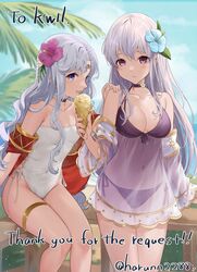  2girls against_fence alternate_costume bare_shoulders beach bikini blue_eyes breasts circlet cleavage collar commission english_commentary english_text fence fire_emblem fire_emblem:_genealogy_of_the_holy_war fire_emblem:_thracia_776 flower food grey_hair hair_flower hair_ornament haru_(nakajou-28) highres holding holding_ice_cream_cone ice_cream ice_cream_cone julia_(fire_emblem) long_hair long_sleeves looking_at_viewer medium_breasts multiple_girls ocean one-piece_swimsuit outdoors purple_bikini purple_eyes purple_hair sara_(fire_emblem) see-through see-through_swimsuit sitting small_breasts stomach swimsuit thigh_strap thighs very_long_hair white_one-piece_swimsuit wooden_fence 