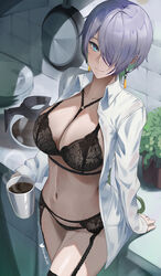  absurdres black_bra black_garter_belt black_panties black_thighhighs bra breasts brid_(nikke) closed_mouth coffee coffee_mug coffee_pot commission counter cup earrings elvandec english_commentary female frying_pan garter_belt goddess_of_victory:_nikke grey_hair hair_over_one_eye highres holding holding_cup jewelry kitchen large_breasts mole mole_on_breast mug navel open_clothes open_shirt panties plant plate potted_plant shirt short_hair solo steam stomach thighhighs tile_wall tiles twitter_username underwear white_shirt 