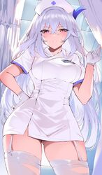  alternate_costume ass_visible_through_thighs blush breasts commentary cowboy_shot crossed_bangs female garter_straps genshin_impact gloves hair_between_eyes hand_on_own_hip hat highres large_breasts looking_at_viewer nurse nurse_cap parted_lips pink_eyes shiben_(ugvu5784) short_sleeves skirk_(genshin_impact) solo thighhighs thighs white_garter_straps white_gloves white_thighhighs 