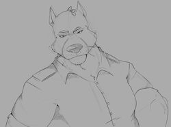  2023 anthro biped brok_the_investigator canid canine clothing cowcat_games male mammal monochrome overweight overweight_male portrait shirt simple_background sin_silver solo thegoldenkaiser topwear 