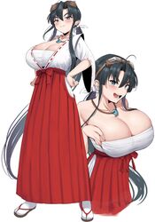  ahoge bare_shoulders black_hair breasts breasts_squeezed_together chest_sarashi cleavage collarbone female full_body goggles goggles_on_head grey_eyes hair_between_eyes hands_on_own_hips highres huge_breasts japanese_clothes jewelry legs_apart long_hair long_skirt looking_at_viewer miko multiple_views narodenden necklace ponytail projected_inset robe sandals sarashi sengoku_ace sidelocks simple_background skindentation skirt smile socks standing togashi_koyori very_long_hair white_background white_robe white_socks zouri 