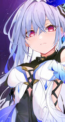  absurdres bare_shoulders breasts close-up closed_mouth detached_sleeves earrings expressionless female genshin_impact gradient_gloves grey_hair hair_between_eyes hair_ornament highres jewelry kaya_(tyhk7874) long_hair looking_at_viewer medium_breasts pink_eyes single_earring skirk_(genshin_impact) solo upper_body very_long_hair 