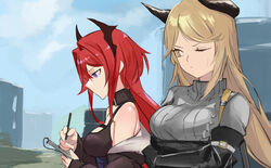  2girls ao_oni_(onioni-aoi) arknights bare_shoulders black_dress black_horns black_wings breasts brown_hair commentary_request crossed_arms demon_girl demon_horns detached_collar dress hair_intakes highres horns jacket long_hair looking_at_another looking_at_object looking_down meteorite_(arknights) multiple_girls notepad off_shoulder one_eye_closed outdoors profile purple_eyes red_hair revision sketch_background surtr_(arknights) sweatdrop sweater turtleneck turtleneck_sweater upper_body wings writing 