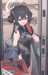  absurdres assault_rifle bilibili_xiaolu black_dress black_gloves black_hair blue_archive blush breasts butterfly_hair_ornament coat cs/ls06 double_bun dragon_print dress envelope female gloves grey_coat grey_eyes grey_halo gun hair_bun hair_ornament halo handgun highres holding holding_envelope hongbao kalashnikov_rifle kisaki_(blue_archive) long_hair looking_at_viewer open_mouth rifle sleeveless sleeveless_dress small_breasts solo striped striped_coat submachine_gun tokarev_tt-33 twintails type_56_assault_rifle vertical-striped_coat vertical_stripes weapon 