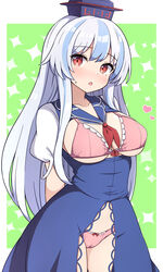  adapted_costume arms_behind_back blue_dress blue_hair blue_hat blush bra breasts cameltoe collarbone cowboy_shot dress female hair_between_eyes hat highres kamishirasawa_keine large_breasts long_hair neckerchief open_mouth panties pink_bra pink_panties red_eyes red_neckerchief revealing_clothes rizento short_sleeves solo tokin_hat touhou underwear 