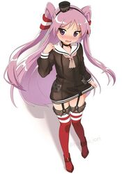  amatsukaze_(kancolle) amatsukaze_(kancolle)_(cosplay) black_shirt blush commentary_request cosplay embarrassed female floating_hair full_body garter_straps hiiragi_kagami ichimi_renge kantai_collection long_hair long_sleeves looking_at_viewer lucky_star nose_blush open_mouth parted_bangs purple_eyes purple_hair red_thighhighs sailor_collar second-party_source see-through see-through_shirt shirt shirt_hold simple_background solo standing thighhighs tsurime twitter_username two_side_up very_long_hair white_background white_sailor_collar zettai_ryouiki 