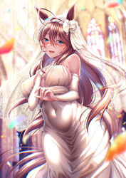  :d animal_ears bare_shoulders blue_eyes blurry blurry_background blush breasts bridal_veil bride brown_hair church covered_navel cowboy_shot depth_of_field dress elbow_gloves female fingerless_gloves flower gloves hair_between_eyes hair_flower hair_ornament hand_on_own_chest happy highres horse_ears horse_girl indoors jewelry large_breasts long_hair looking_at_viewer mihono_bourbon_(umamusume) nose_blush open_mouth petals rairaisuruyo ring sleeveless sleeveless_dress smile solo standing umamusume veil wedding_dress wedding_ring white_dress white_gloves 