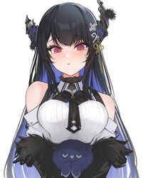  asymmetrical_horns bare_shoulders black_hair blue_hair blush breasts colored_inner_hair demon_horns female hair_ornament highres hololive hololive_english horns jailbird_(nerissa_ravencroft) large_breasts long_hair looking_at_viewer mole mole_under_eye multicolored_hair nerissa_ravencroft nerissa_ravencroft_(1st_costume) red_eyes shou3_2 solo two-tone_hair uneven_horns very_long_hair virtual_youtuber 