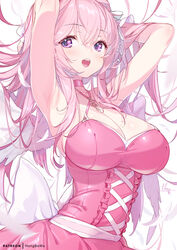  armpits arms_behind_head arms_up back_bow bare_shoulders blush bow breasts cleavage dorothy_(nikke) dorothy_(nostalgia)_(nikke) dress female frills goddess_of_victory:_nikke hong_(white_spider) large_breasts long_hair looking_at_viewer official_alternate_costume open_mouth pink_dress pink_hair pink_theme purple_eyes smile solo 