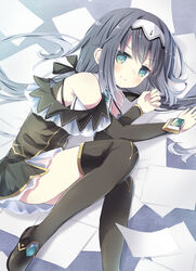  aqua_gemstone bare_shoulders black_dress black_footwear date_a_live dress female frilled_dress frills gem gold_trim green_eyes green_gemstone grey_hair headband highres ichiyo12 kneehighs light_blush long_hair lying nibelcol on_side paper smile socks solo white_headband 