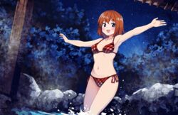  akatsuki_miho akemiho_tabi_nikki bikini blue_eyes breasts brown_hair female gendai_ninjakko_zukan halterneck highres kouno_hikaru looking_at_viewer medium_breasts night onsen outstretched_arms plaid plaid_bikini short_hair side-tie_bikini_bottom solo spread_arms string_bikini swimsuit water 