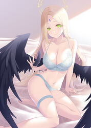  ayumu_(blue_archive) barefoot black_wings blonde_hair blue_archive blue_bra blue_panties bra breasts cleavage closed_mouth collarbone commentary feathered_wings feathers female green_eyes halo highres large_breasts long_hair looking_at_viewer midorino_eni navel panties parted_bangs smile solo symbol-only_commentary underwear underwear_only wings yellow_halo 