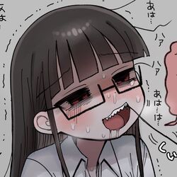  bags_under_eyes black_hair blunt_bangs blush collared_shirt commentary_request cropped drooling female furrowed_brow glasses grey_background half-closed_eyes head_back highres laughing long_hair nervous nervous_smile nervous_sweating open_mouth portrait red_eyes semi-rimless_eyewear sharp_teeth shinigami_dot_com shirt sidelocks simple_background smile snot solo string sweat teeth tooth_pulling toukyou_tama translation_request trembling wavy_mouth white_shirt yasashii_naizou 