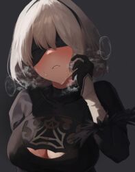  2b_(nier:automata) absurdres black_blindfold black_dress black_hairband blindfold blush breasts cleavage cleavage_cutout clothing_cutout commentary_request dio_nand dress female grey_background grey_hair hairband hand_up heavy_breathing highres juliet_sleeves large_breasts long_sleeves nier:automata nier_(series) open_mouth parted_lips puffy_sleeves short_hair simple_background solo sweat upper_body 