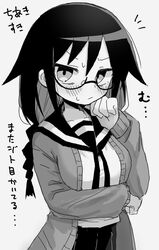  arm_under_breasts blush braid breasts cardigan closed_mouth collarbone commentary_request dovepopon female frown glaring glasses greyscale hair_flaps highres large_breasts long_hair long_sleeves looking_at_viewer low_twin_braids monochrome neck_ribbon notice_lines null-meta open_cardigan open_clothes pleated_skirt ribbon school_uniform semi-rimless_eyewear serafuku simple_background skirt solo souen_chiaki sweat translation_request twin_braids upper_body v-shaped_eyebrows 