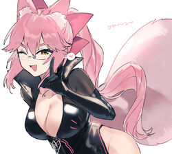  animal_ear_fluff animal_ears black_bodysuit blush bodysuit bow breasts center_opening cleavage fate/grand_order fate_(series) female fox_ears fox_girl fox_shadow_puppet fox_tail glasses hair_between_eyes hairbow highres hip_vent koyanskaya_(assassin)_(first_ascension)_(fate) koyanskaya_(fate) large_breasts long_hair looking_at_viewer oerba_yun_fang one_eye_closed open_mouth pink_bow pink_hair ponytail rizu033 sidelocks smile solo tail tamamo_(fate) translated yellow_eyes 