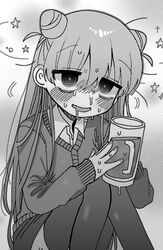  bags_under_eyes beer_mug cardigan collared_shirt commentary_request cone_hair_bun cup death_merumeru double_bun drooling drunk feet_out_of_frame female greyscale hair_bun hair_down holding holding_cup knees_up long_hair long_sleeves messy_hair monochrome mouth_drool mug open_mouth raised_eyebrows ringed_eyes seeing_stars shinigami_dot_com shirt sitting skirt smile solo sweat very_sweaty yasashii_naizou 