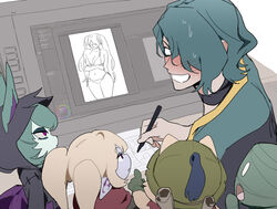  2girls 3boys amumu animal_ears blush computer_keyboard drawing embarrassed green_hair highres holding holding_pen hwei_(league_of_legends) league_of_legends looking_at_another multiple_boys multiple_girls open_mouth paint pen pointing poppy_(league_of_legends) red_eyes simple_background sona_(league_of_legends) sweatdrop teemo upper_body vex_(league_of_legends) white_background yordle zaket07 