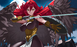  arm_shield black_wings breasts cowboy_shot facial_mark feathered_wings female gloves hair_between_eyes highres holding holding_sword holding_weapon indy_k large_breasts long_hair looking_at_viewer night red_hair solo sword tensei_shitara_slime_datta_ken weapon wings yellow_eyes yellow_gloves 