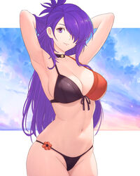  absurdres alternate_costume armpits arms_up bikini black_bikini black_choker blue_sky breasts choker cleavage commentary cowboy_shot day female fire_emblem fire_emblem:_three_houses fire_emblem_warriors:_three_hopes front-tie_bikini_top front-tie_top groin half_updo highres large_breasts long_hair looking_at_viewer medium_breasts navel orange_bikini outdoors purple_eyes purple_hair shez_(female)_(fire_emblem) shez_(fire_emblem) sky smile solo standing stomach swimsuit truejekart two-tone_bikini very_long_hair 