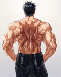  1boy ass back back_focus bara black_hair black_pants cowboy_shot domo_(domo_kizusuki) facing_away from_behind grey_background hands_on_own_hips highres kokado_shido_(domo) male_focus median_furrow muscular muscular_male original pants scar scar_on_back short_hair shoulder_blades solo spiked_hair topless_male 