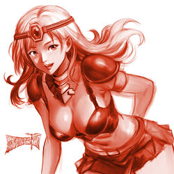  :d arm_behind_back armlet armor belt breasts circlet cleavage copyright_name female floating_hair haja_no_fuuin highres long_hair medi_(haja_no_fuuin) medium_breasts minamoto80486 miniskirt monochrome navel open_mouth red_theme ringed_eyes shoulder_armor simple_background skirt smile solo teeth white_background 